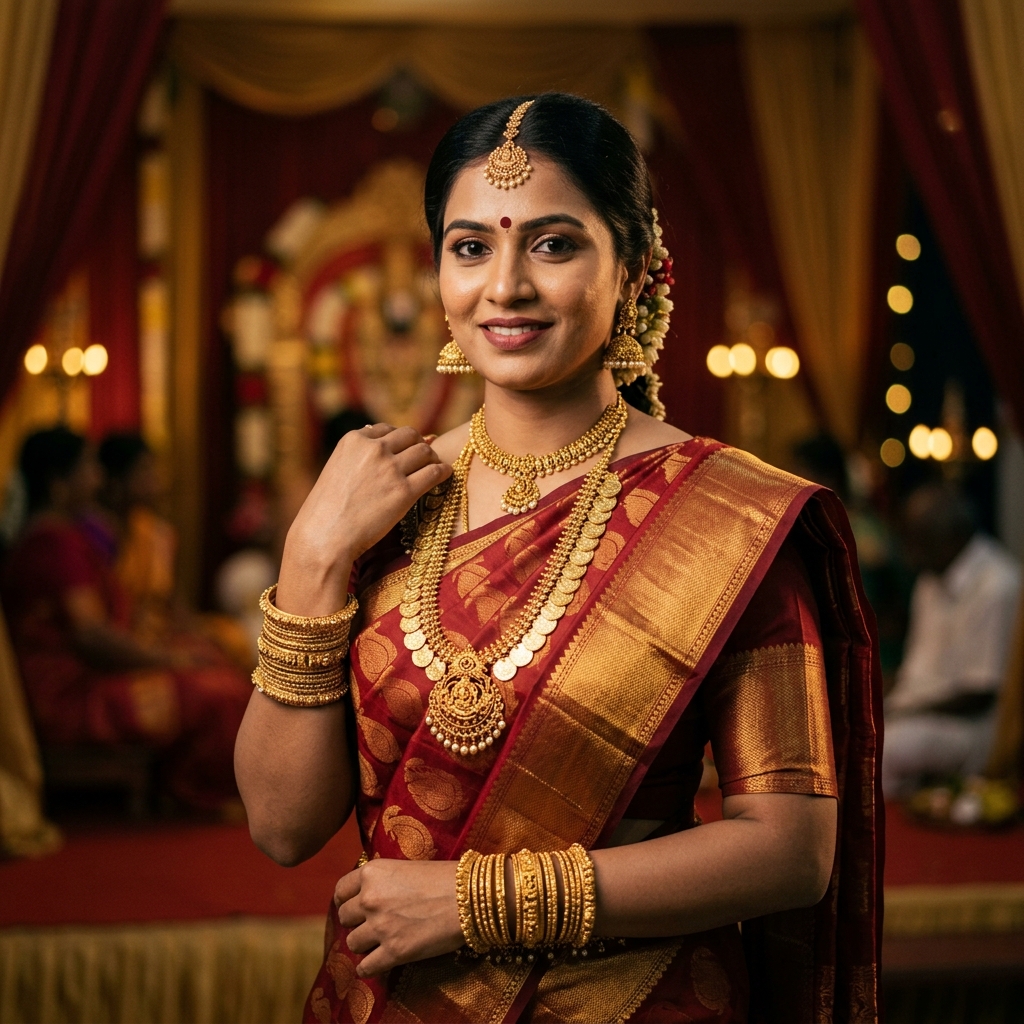 South Indian woman wearing traditional gold necklace and jhumka earrings in Salem