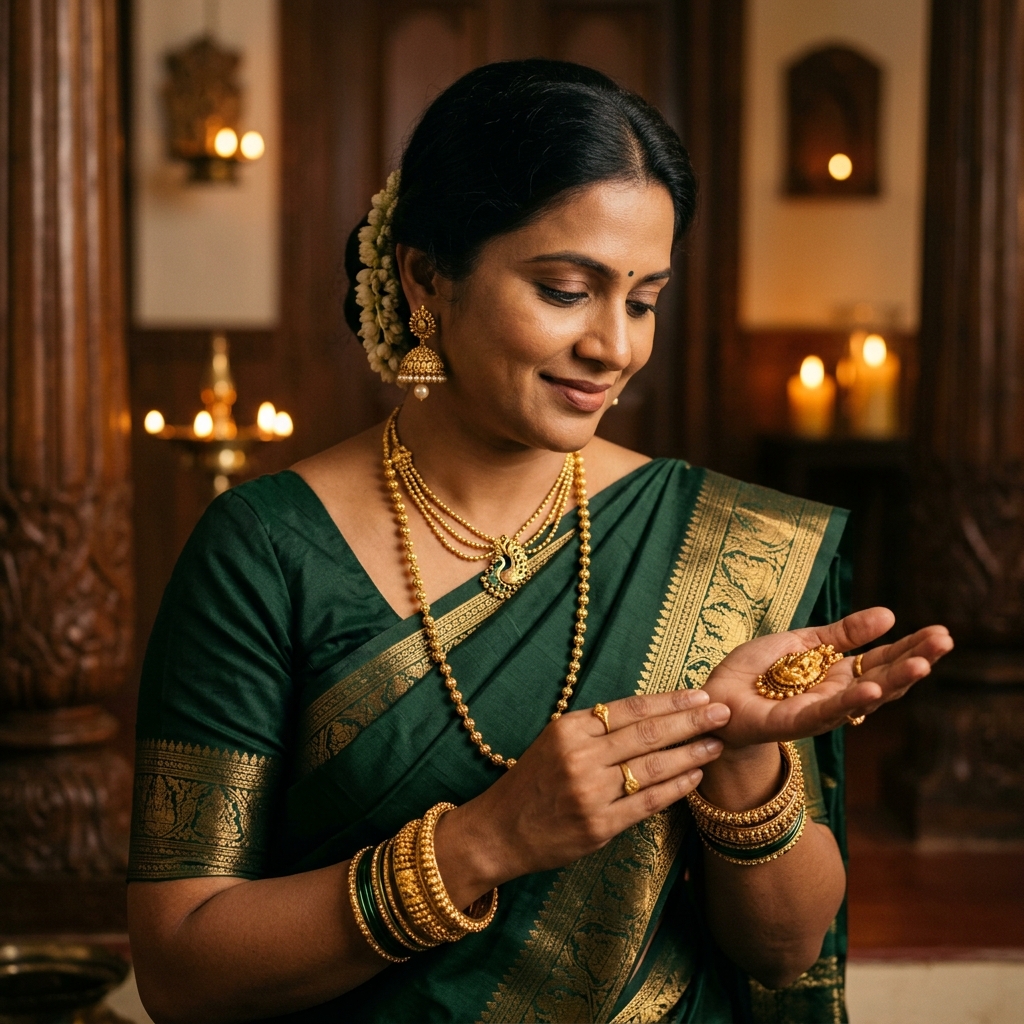 South Indian woman looking at gold ornament